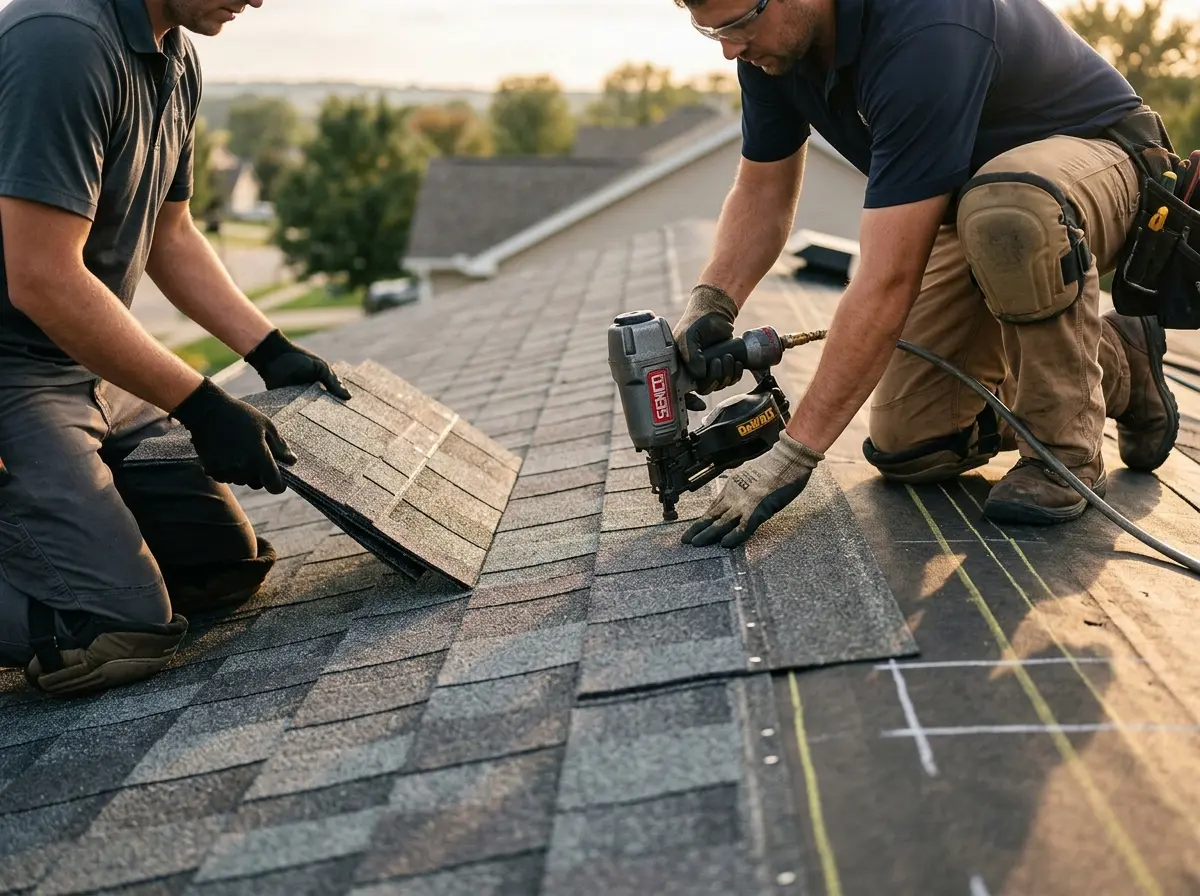Professional roofer working on a residential roof in Corona